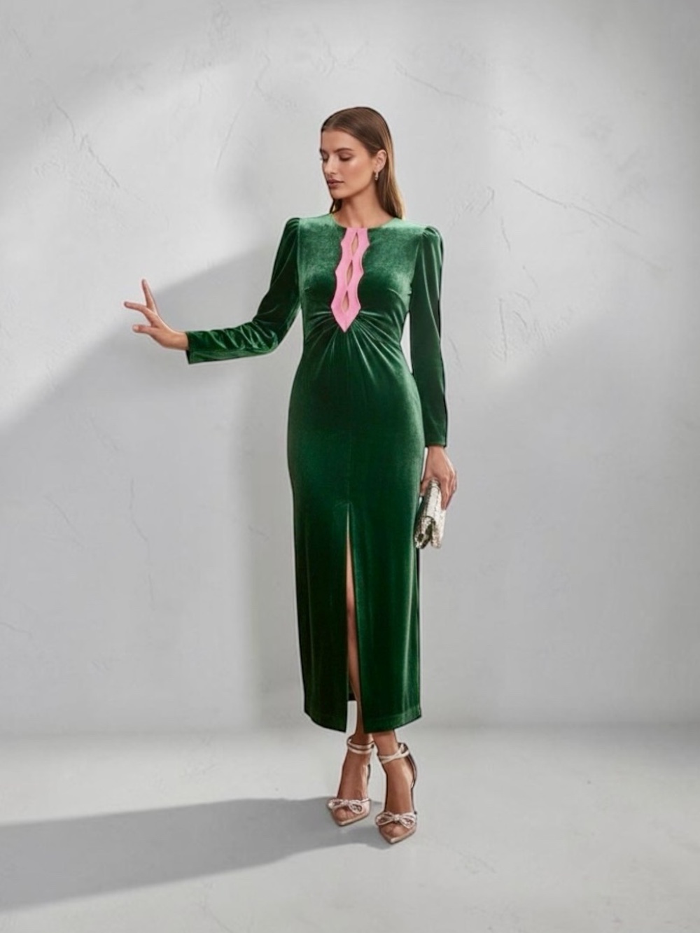 SALONI Emerald Green Jinx Velvet Long Dress Size UK 10 / US 6